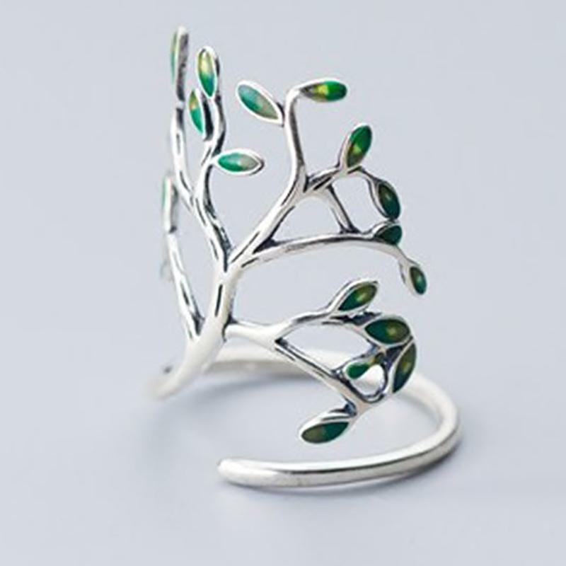

Cluster Rings Silver Korean Wave Fresh Forest Art Romantic Green Leaves Sweet Niche Design Crafts Women's Opening Adjustable Ring