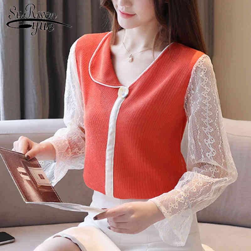 

Arrival Womens Tops and Blouses Casual Long Sleeve Elegant Lace Blouse Fashion Spliced 7554 50 210521, Orange