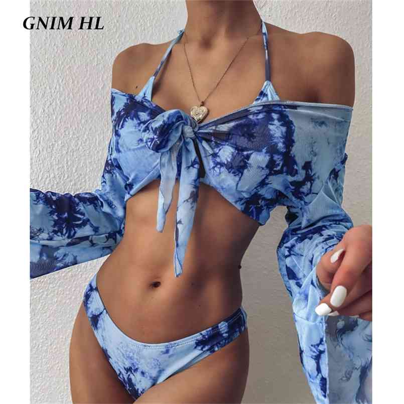 

GNIM Long Sleeve Swimwear Women Bandage Bikini Mujer Summer Sexy Print Brazilian Swimsuit Female Three Pieces Biquini Set 210722, Leopard