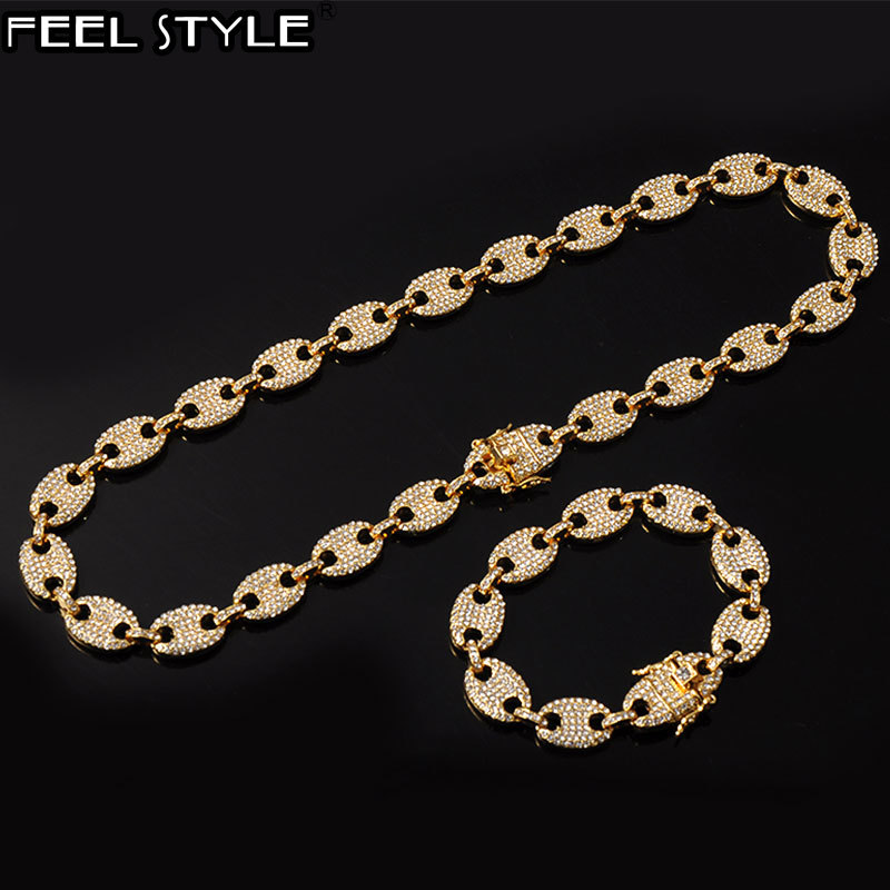 

1kit 13MM Bling Coffee Bean Iced Out CZ Pig Nose Rhinestone choker Link Chain Necklaces & Bracelet for Men HIP HOP Jewelry X0509
