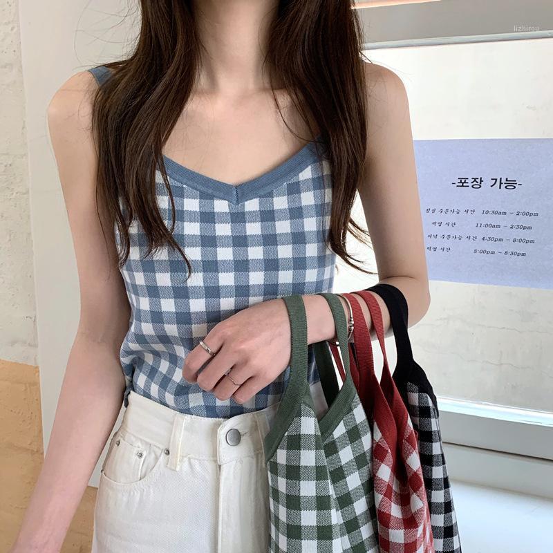 

Fashion Knitted Crop Top Womens Summer Plaid Sleeveless Tank Tops Backless Camisole Strap V Neck Ladies Vest Ropa Mujer Camisoles & Tanks, Red