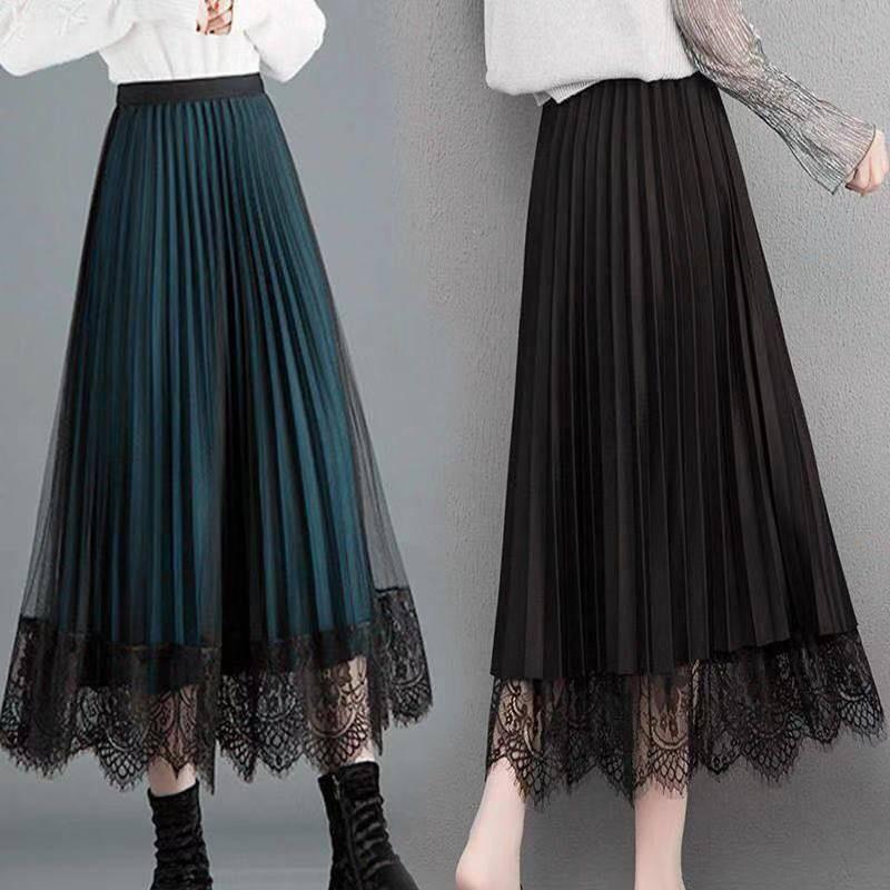 

Skirts Pleated Skirt Women's High Waist Lace Half Bottom Medium Length Slim Fit Wear On Both Sides, Black