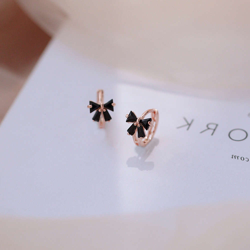 

earrings 925 Sterling Silver Hepburn style black bow female sweet circle earrings, Golden