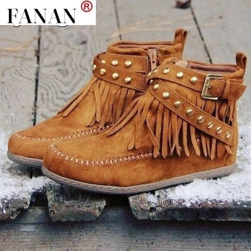

Boots Fashion Thick High Heels Women Ankle Boot Tassel Woman Shoes Lady Short Plush Autumn Footwear Big Size, Black