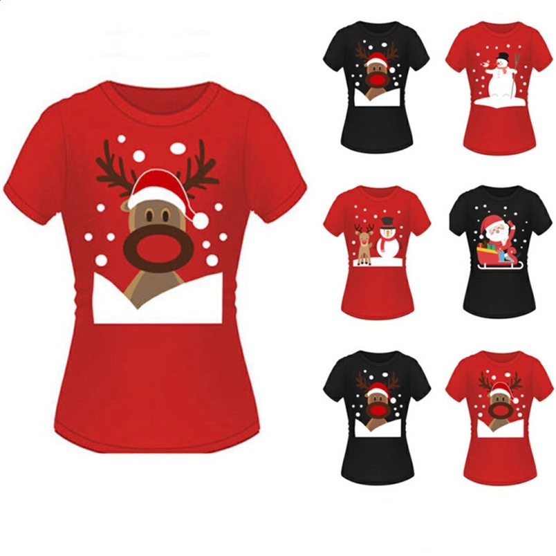

Fashion Women Round Neck Short Sleeve Christmas Elk Print T-shirt Ladies Slim Woman Tshirts Pullover Women' Clothing 210517, Black santa claus