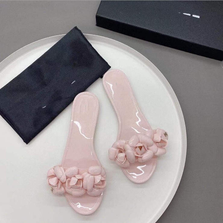 

2021Summer Design camellia flower Women jelly Slippers Summer Flip Flops Beach shoes Sandals Flats Ladies Slides, Black