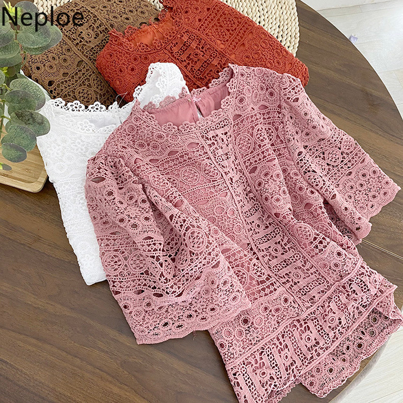 Neploe Women Blouses Summer Shirts Puff Sleeve Lace Crochet Floral Blouse Chic Hollow Out Elegant Tops Vintage Blusas Mujer 210422