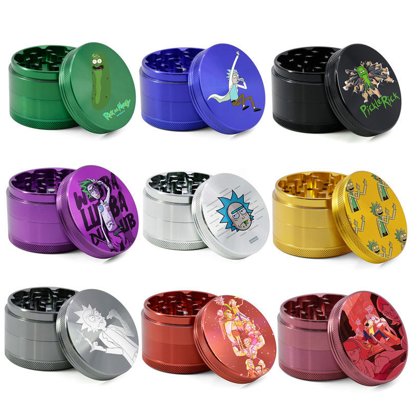 

Metal Herb Grinder Smoking 40mm 50mm 55mm 63mm 4 Parts Layers Aluminum Alloy Crusher Cartoon Decals Tobacco Accessories