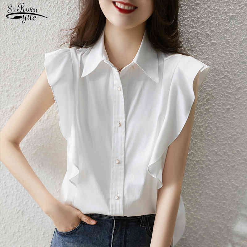 

Summer White Women Shirts Casual Short Sleeve Ruffles Women Blouses Turn Down Collar Single Breasted Female Clothing 14741 210518