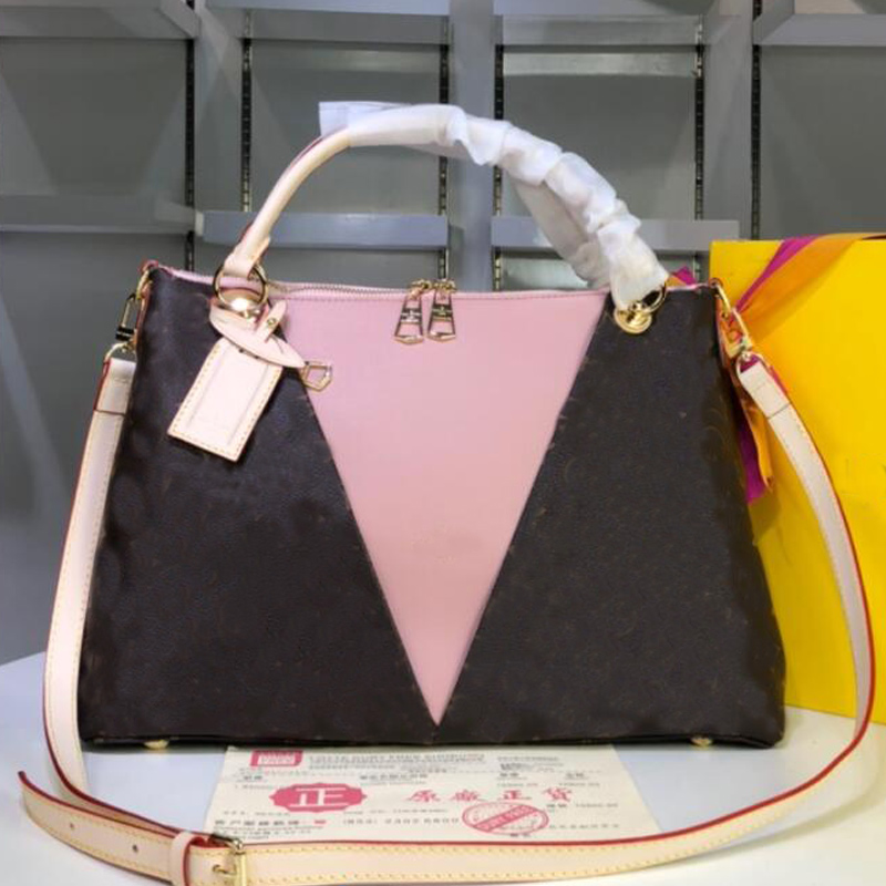 

Women Handbag Designer V Tote Bag Canvas Leather Shoulder Bags Classic Letter Triangle Patchwork Color Detchable Strap Golden Hardware Handbags