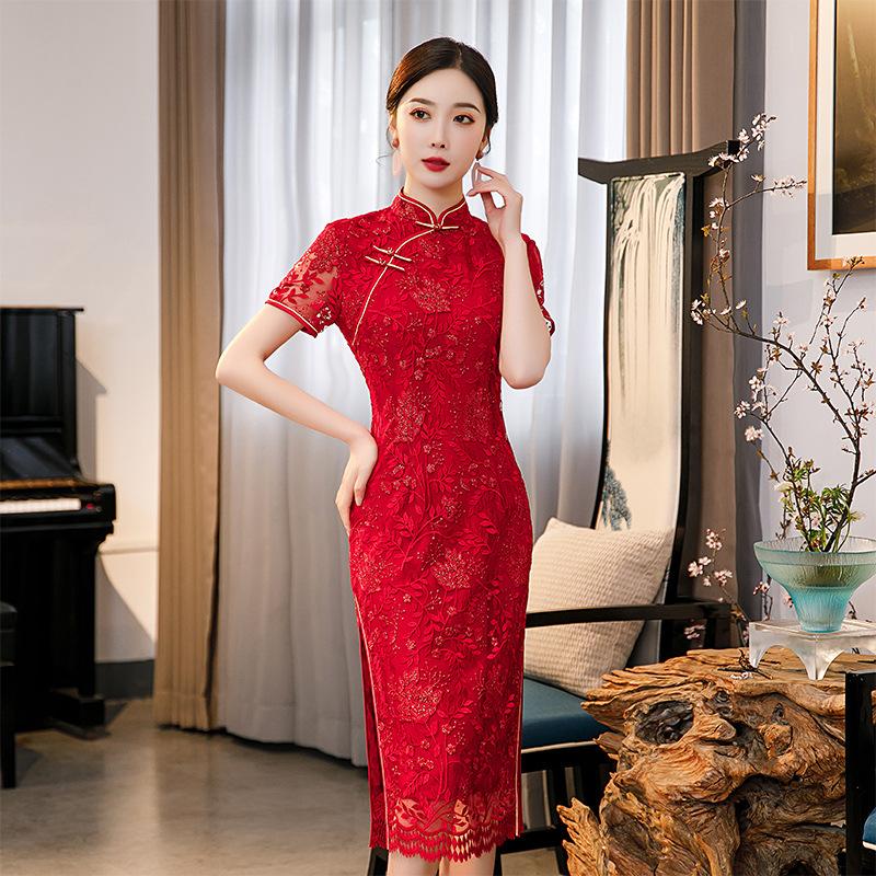 

Ethnic Clothing Exquisite Mandarin Collar Women Cheongsam Sexy Elegant Lace Qipao Vestidos Slim Plus Size Evening Party Short Sleeve Robe Go