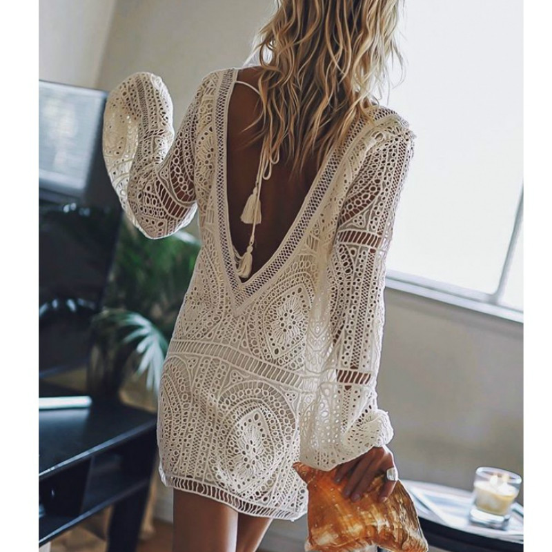 

AYUALIN sexy backless beach swim coverup summer dresses white lace dress women tunic robe vintage V-neck boho vestidos plus size