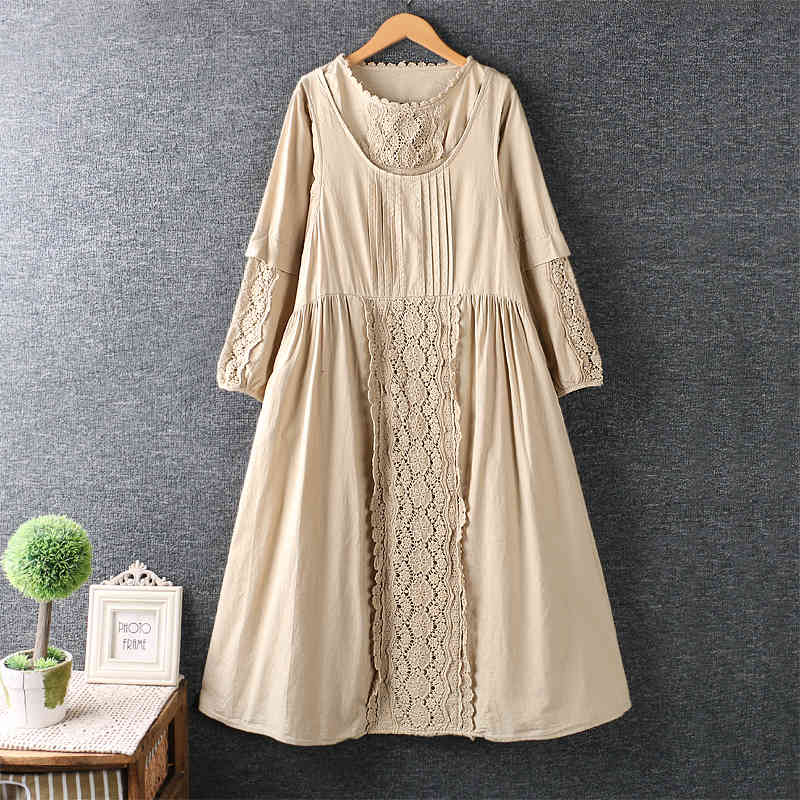 

Casual Dresses 4 colors-- lace stitch long sleeve cotton o-neck sweet autumn lolita mori girl V0ZP, Beige