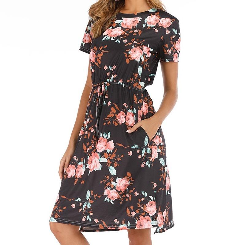 

Casual Dresses Vintage Floral Print Dress Short Sleeve Drawstring Waist Midi Boho Beach Pocket Women Vestidos Red Black