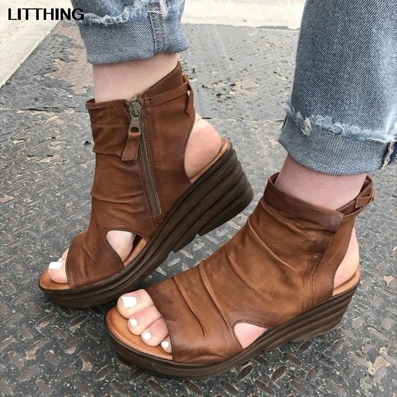 

Sandals LITTHING Retro Platform Woman Summer Wedges Shoes For Pumps High Heels Deep Toe Zipper Breathable Plus Size 37-42, Black