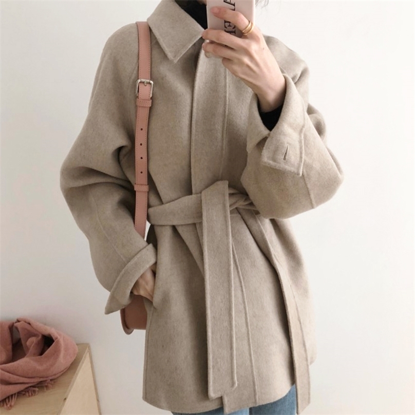 

Women Elegant Wool Coat Autumn Winter Long Sleeve Turn Down Collar Korean Ladies Single-breasted Outwear 210525, Khaki