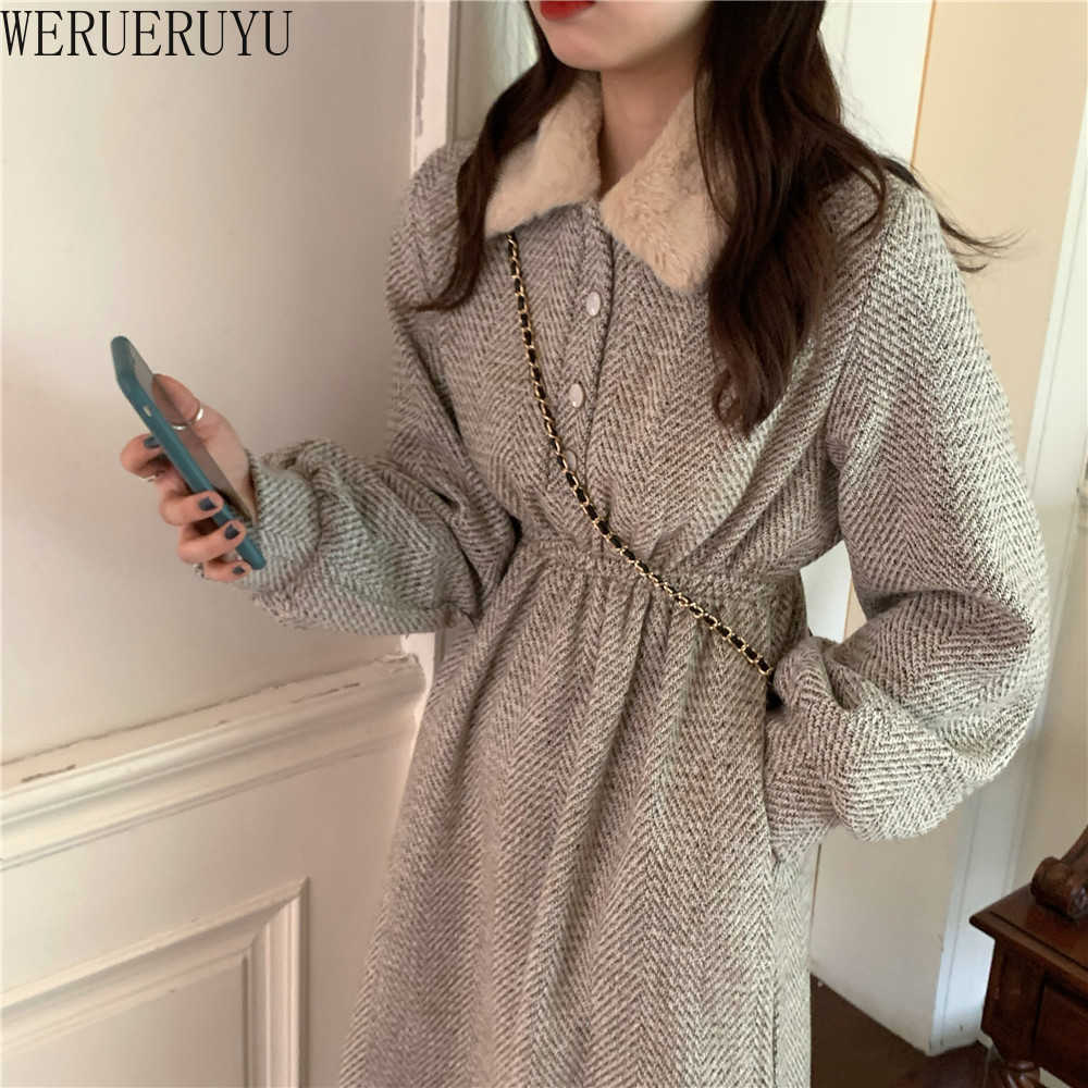 

WERUERUYU Women Autumn Winter Vintage Long Dress Elegant Full Sleeve Tunic Casual Corduroy Dress with Pocket 210608, Photo color