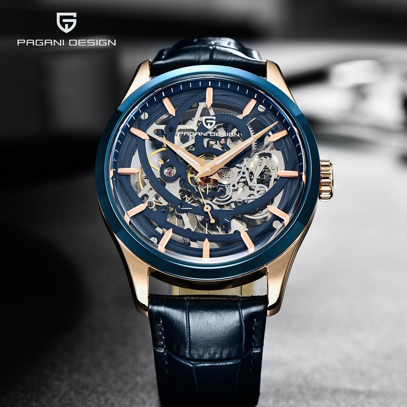 

Men's Watches Skeleton Top Automatic Watch Men Mechanical Wristwatches Business Leather Sport Clocks, Black