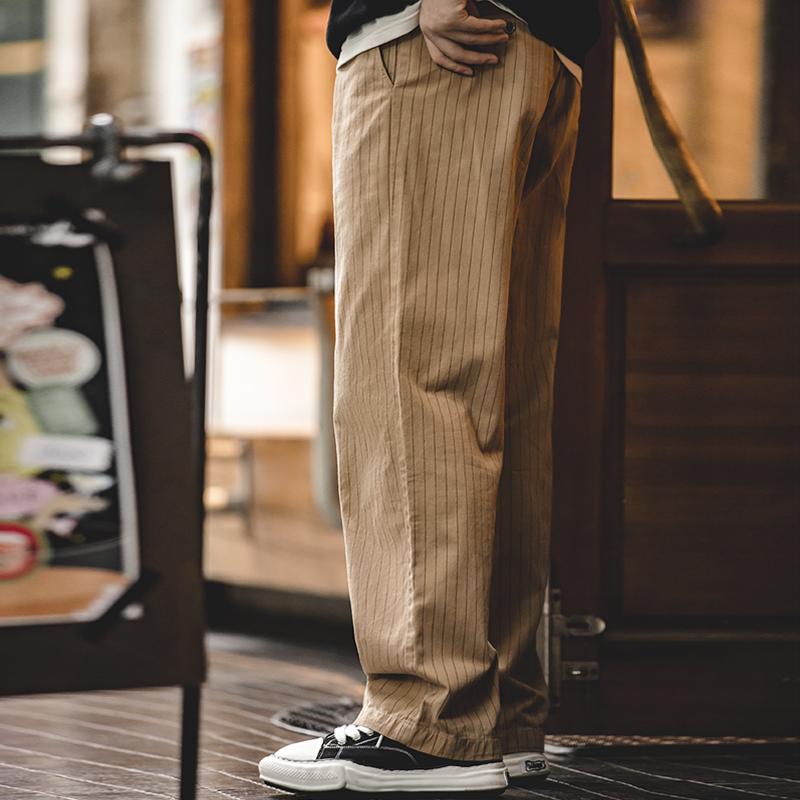 

Men's Pants Maden Men Stripe Straight Wide Leg Casual Pant No-Elastic Cotton Mid Waist Plus SIze Khaki Trousers Japan Retro Male Bottom Wear, Black