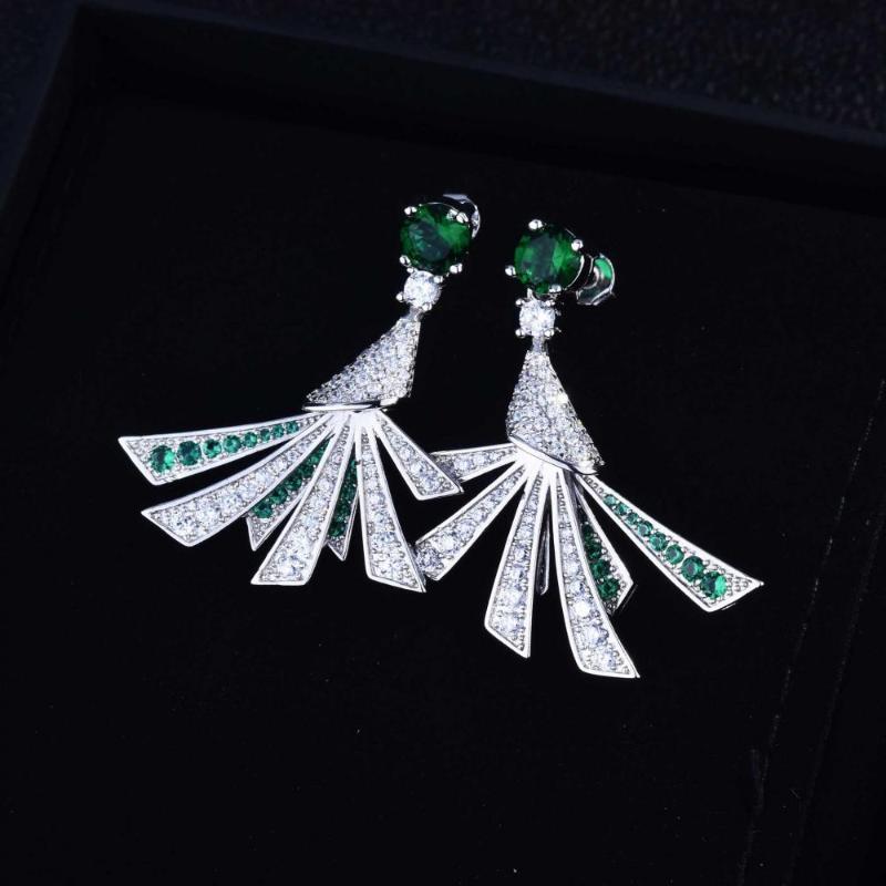 

Stud Real 100% S925 Silver Color Inlaid Zircon Emerald Fan Earrings Light Luxury Fashion Earring For Woman, Golden;silver
