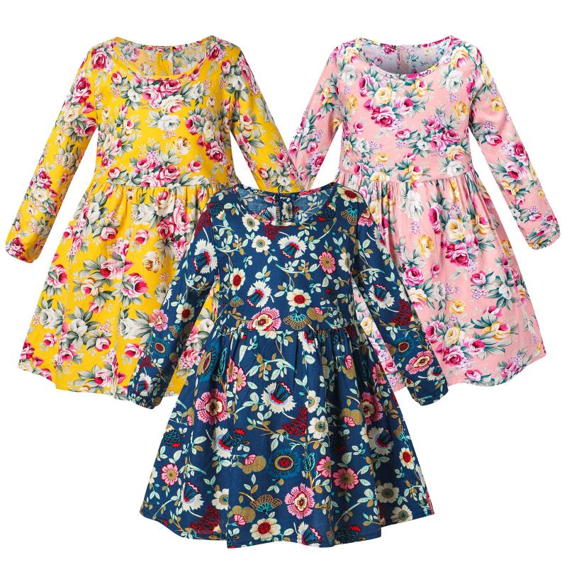 

Girl's Dresses 1-6 Years Flowers Print Girls Dress Long Sleeve Casual For Girl Children Clothes Fashion Little Spring Vestidos, Red;yellow