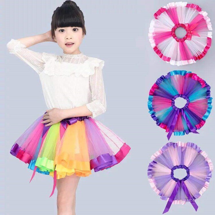 

6 color Kids Clothing Rainbow skirts mesh Tutu Skirt Children' dance performance baby Skirt decorate SML T2I52149, Multi