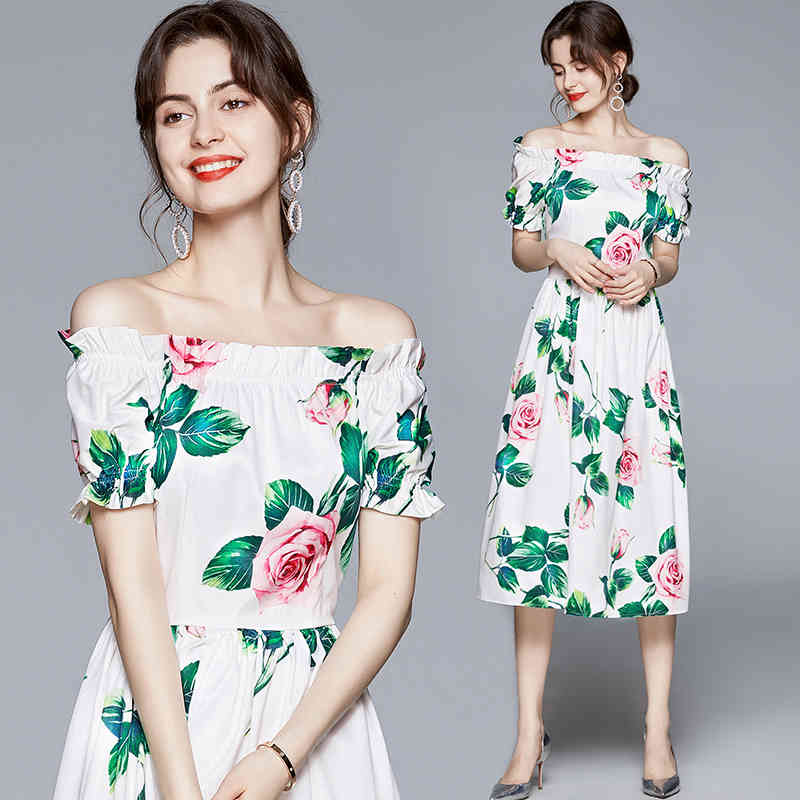 robes piste Fairy tempèment sicilien rose impression été femmes sexy épaule épaule manches courtes fleurs vacances plage