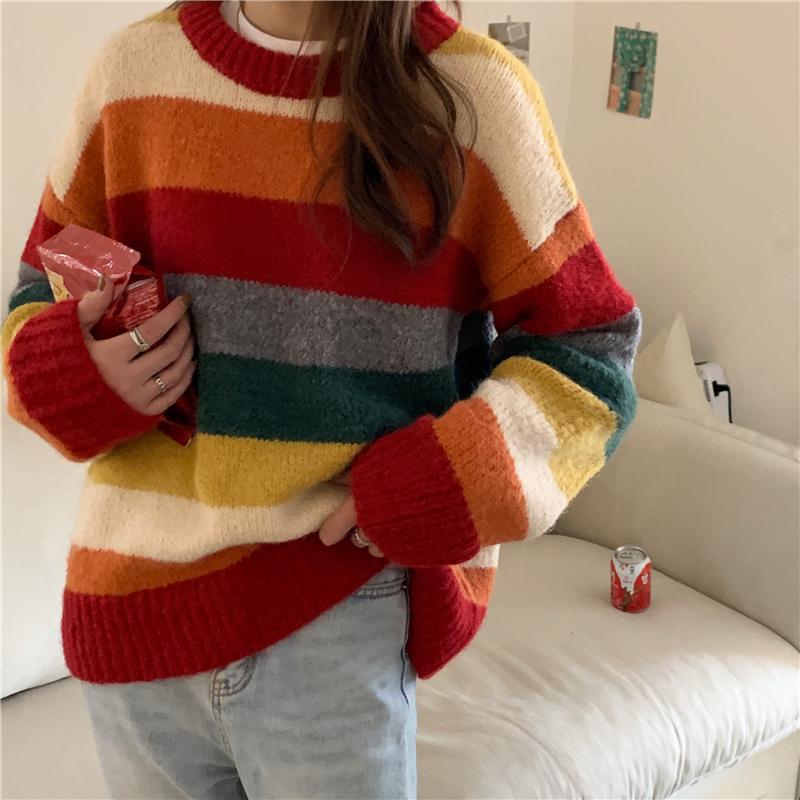 

Women's Sweaters Women Rainbow Striped Sweater Spring Autumn Korean Loose Knit Woman Pullover Casual O-neck Harajuku Top, White;black