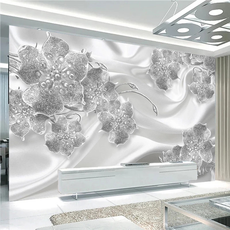 

Custom Wallpaper 3D European Stereo Jewelry Flowers Silk Wall Living Room TV Sofa Luxury Decor Mural Waterproof, Grey