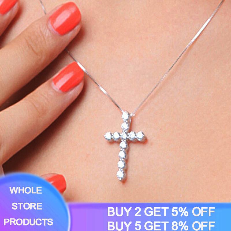 

Other Lucky Female Cross Crystal Pendant 925 Silver Chain Necklace Shiny Zirconia Diamond Choker Fine Jewelry Gift For Women