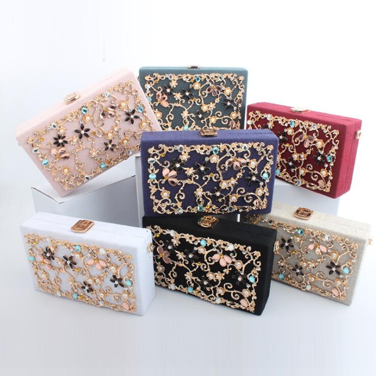 

Factory wholesale women bag exquisite alloy carved and linen womens dinner bags elegant diamond-encrusted handbag banquet wedding dresses sweet handbags 7 colors, Red(boutique box)