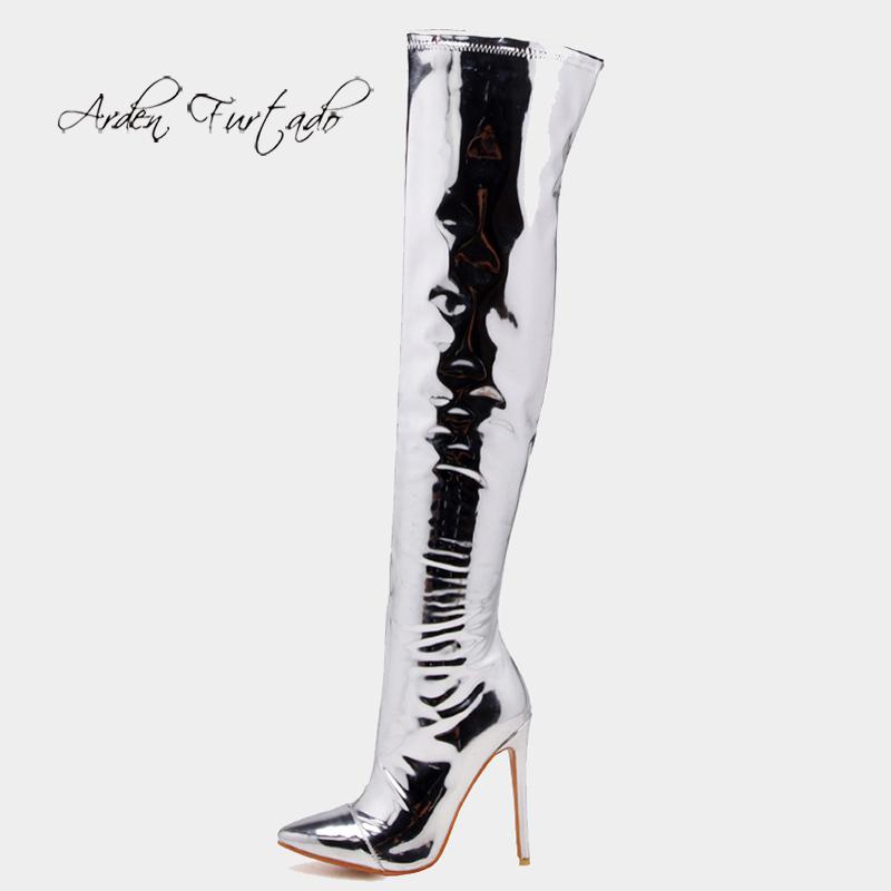 

Boots Arden Furtado Fashion Women's Shoes Winter Sexy Silver Pointed Toe Zipper Over The Knee High, Black