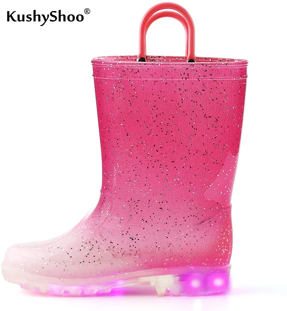 

KushyShoo Toddler Boy Rain Boots with Light Kids Shining Shoes Girl PVC Rain Shoes Led Gradient Pink Bling Kids Shoes, Dinosaur