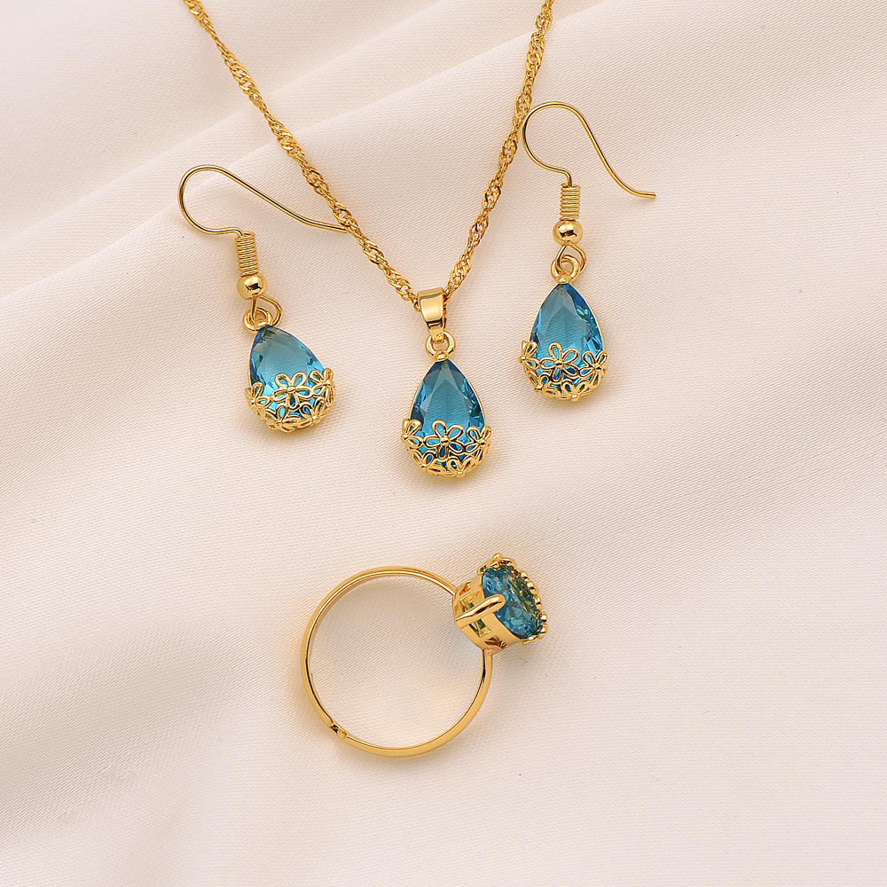 

Pendant Earrings Ring chain Water Drop sapphire Crystal Rectangle Gem with Channel Bridal 9K Fine G/F Gold Jewellery, Golden