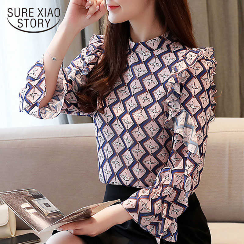 

Korean Print Womens Tops and Blouses Ladies Tops Chiffon Blouse for Women Tops Ruffles Stand Flare Sleeve Blusas 8504 50 210527, Pink