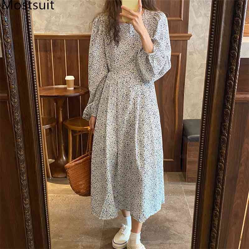 

Autumn Korean Vintage Floral Printed Chiffon Long Dress Women Lantern Sleeve Belted A-line Dresses Vestidos Femme 210518, Blue