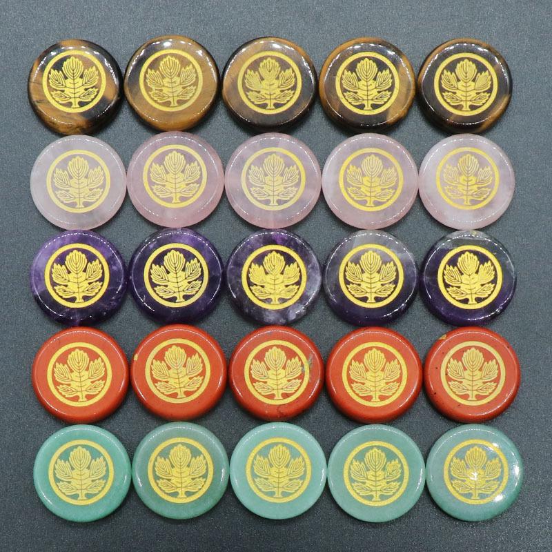 

Other Natural Crystal 25MM Carving Round Gold Yoga Symbol Rose Quartz Tiger's Eye Chakra Green Stone Healing Decoration Beads