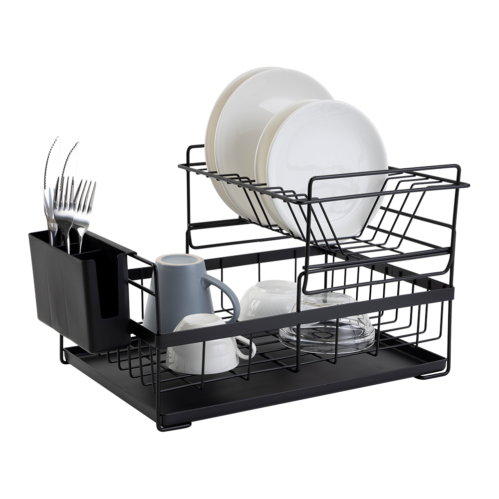 

Dish Drying Rack with Drainboard Drainer Kitchen Light Duty Counter top Utensil Organizer Storage for Home Black White 2-Tier