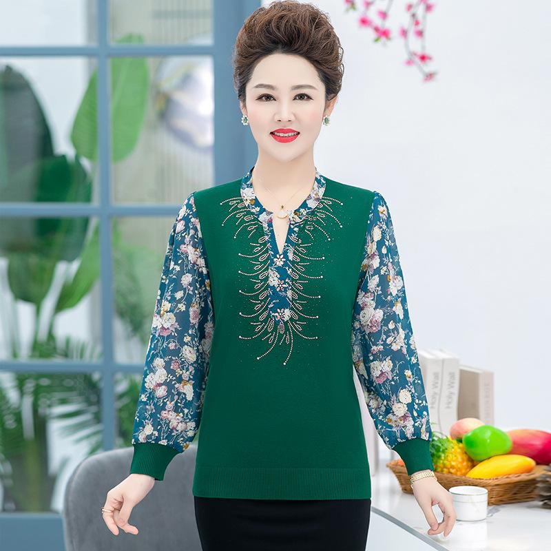 

Women's Blouses & Shirts Aged Middle Summer Chiffon T-shirt Fashion Mother's Spring And Autumn Yarn Sleeve Thin Base Shirt, Green