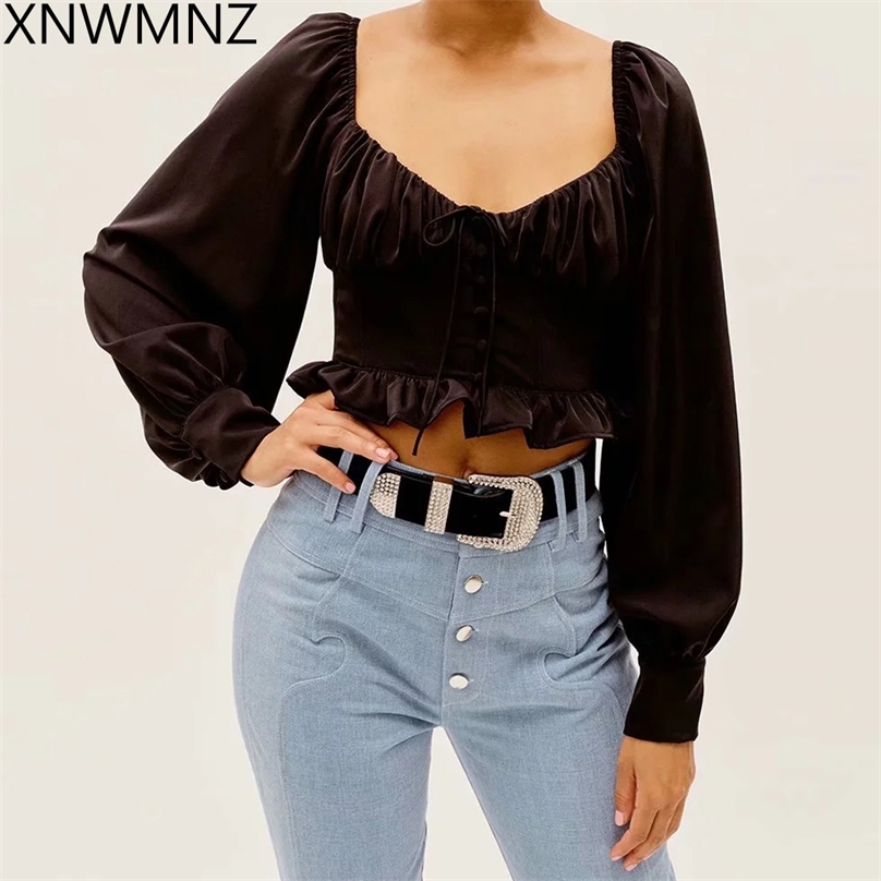 

Women's Romantic Blouse Female clothing long Sleeves Corset Detail Ruffle Peplum at Waist buttons chic Top women 210520, Black