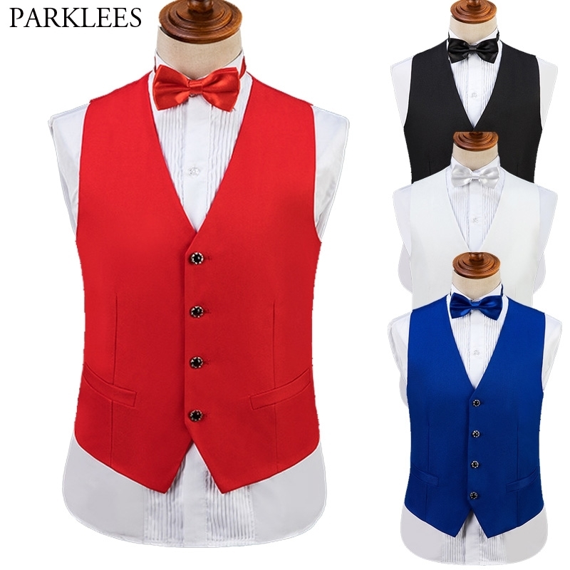 

Fashion Men Vest Luxury Wedding Prom Waistcoat Mens+Bow Tie Solid Casual Vests Men Party Show Singer Men Clothing Gilet Homme 210524, Red