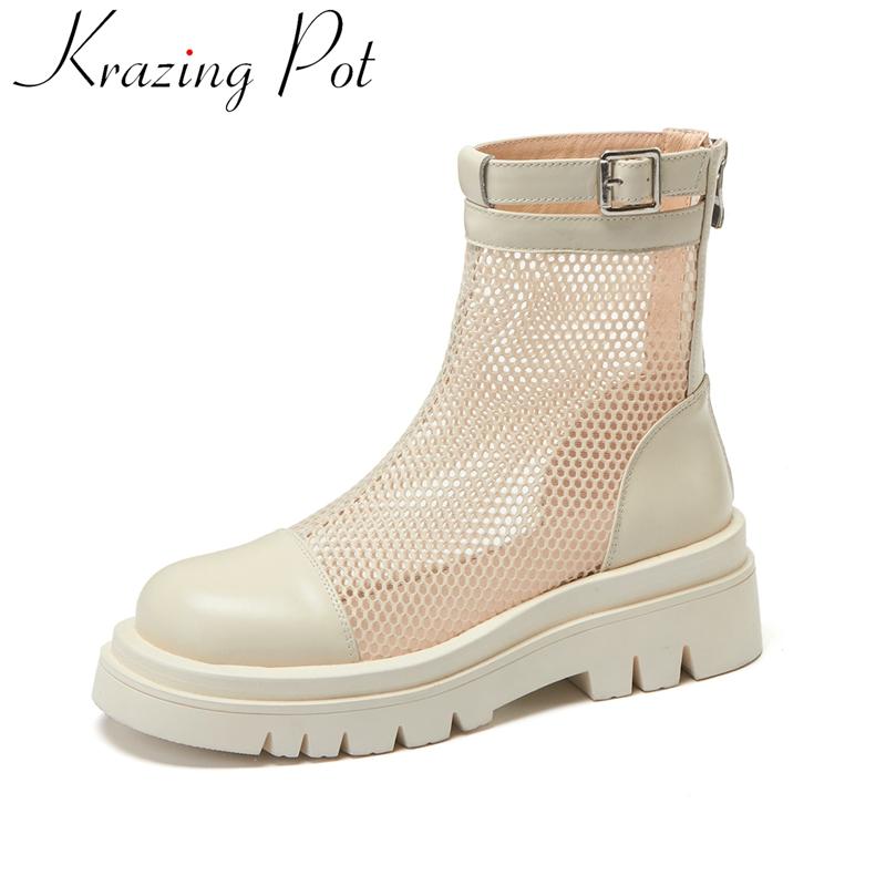 

Boots Krazing Pot Cow Leather Motorcycles High Heels Zipper Mesh Breathable Casual Summer Shoes Round Toe Ankle L16, Black