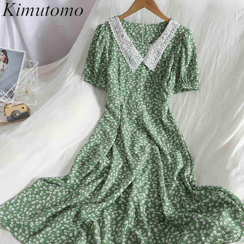 

Kimutomo Gentle Big Swing Dress Summer Dress Stitching Hollow Square Collar Korean Puff Sleeves Slim Floral Vestidos Femme 210521, Green purple
