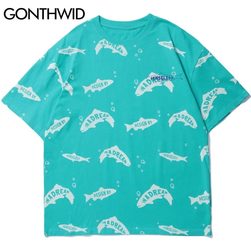 

Tshirts Creative Fish Shark Print Tees Shirts Streetwear Harajuku Hip Hop Casual Short Sleeve Cotton Loose Summer Tops 210602, White