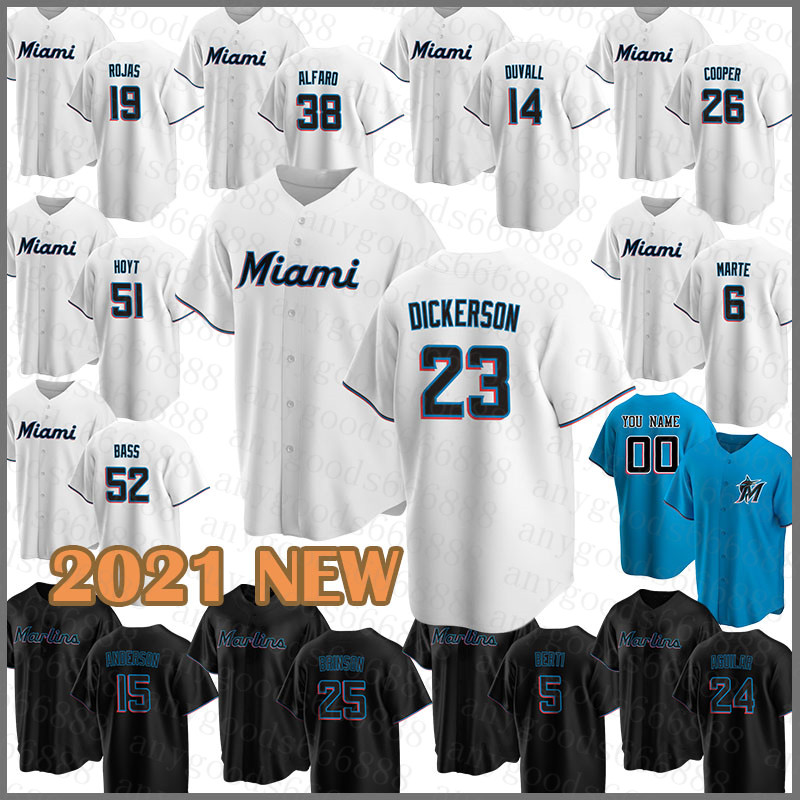 

Miami Custom Marlins Baseball Jersey 15 Brian Anderson 25 Lewis Brinson 5 Jon Berti 24 Jesus Aguilar 38 Jorge Alfaro 14 Adam Duvall Cooper, Blue;black