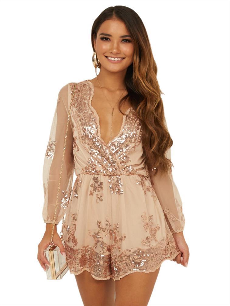 

deep v neck women jumpsuits long sleeve loose playsuit gold glitter sequin casual short jumpsuit one piece set, Black;white