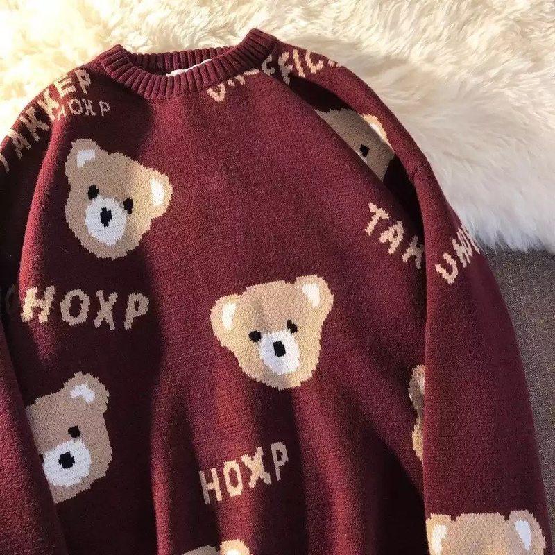 

Women' Sweaters Deeptown Korean Style Kawaii Bear Print Knitted Sweater Women Red Preppy Fashion Long Sleeve Oversize Jumper Pullover Femal, Black