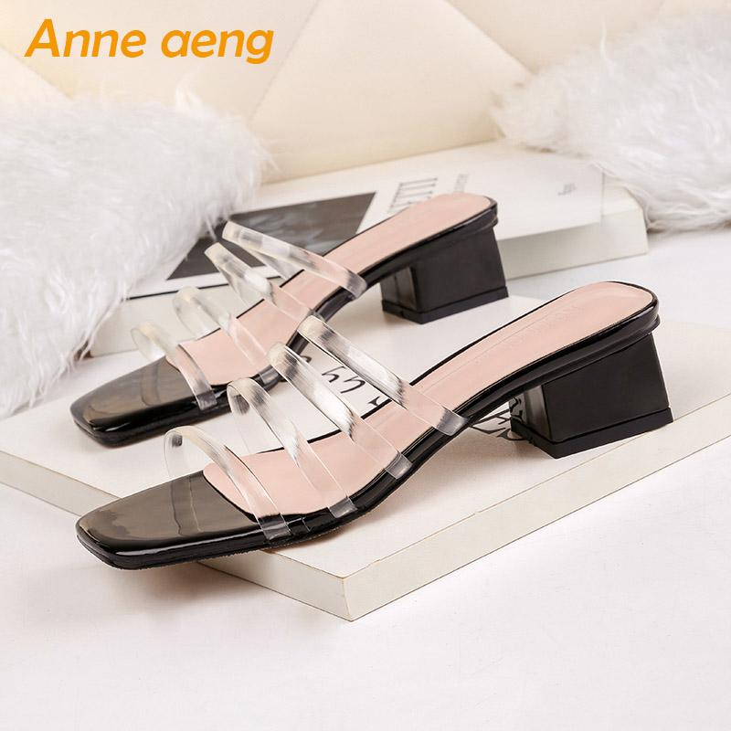 

Slippers 2021 Summer Outside Women Middle Square Heel Fashion Sexy Ladies Shoes Black Female Mules Slides