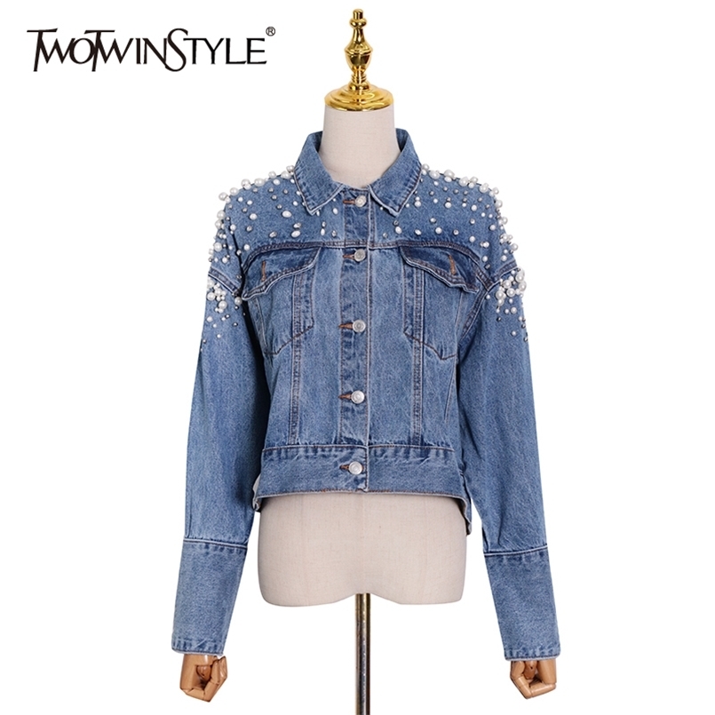 

Denim Patchwork Pearl Jacket For Women Lapel Long Sleeve Casual Jackets Female Fashion Clothing Spring 210524, Blue