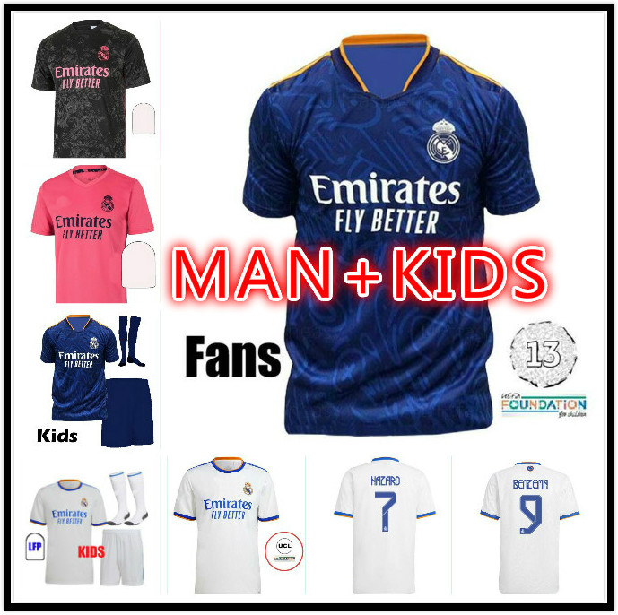 

REAL MADRID jerseys 20 21 22 soccer jersey HAZARD SERGIO RAMOS BENZEMA VINICIUS camiseta football shirts uniforms men + kids kit sets, Black;yellow